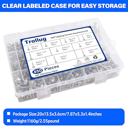 450PCS Self Tapping Screws for Metal, 410 Stainless Steel Self Drilling Screws #8#10 Hex Head Sheet Metal Screws Assortment Kits, Length 1/2"" to 1-1/4'' (Silver) - Image 5