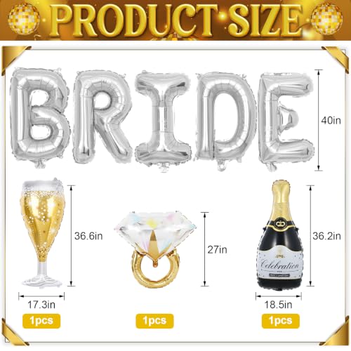 Image of 40inch Bride Balloons Silver Letters Banner, Bachelorette Party Decorations Set with Diamond Ring Champagne Bottle Balloon Glass Foil Balloon for Silver Bachelorette Engagement Wedding Bridal Shower