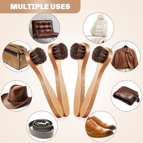 Image of 4 Pcs Horsehair Shine Shoes Brush Kit Polish Dauber Applicators Cleaning Leather Shoes Boots Care Brushes Suede Cleaner Brush with Microfiber Shoe Cloth(Wooden Handle A)