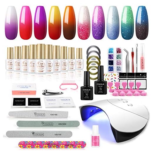 COSCELIA 7ml Esmalte Semipermanente para Uñas Temperatura Cambio de Color Kit Uñas Semipermanentes Pintauñas 10pcs Set con Lampara 36W U-V/LED Top Base