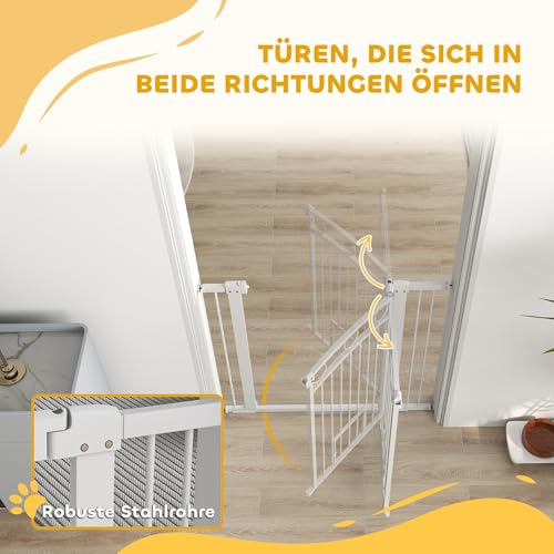 PawHut Türschutzgitter Treppenschutzgitter Türgitter ohne Bohren Treppengitter für Breiten 76-104 cm Einhändiges Öffnen Stahl Weiß