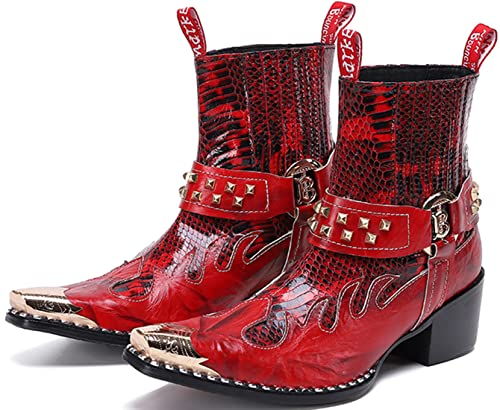 Santimon Men's Genuine Leather Chelsea Boots | Wingtip Toe & Snakeskin Texture Mid-Calf Western Cowboy Boots | Dress & Casual Shoes for Party Nightclub Rock Concerts (Singer, Stage)