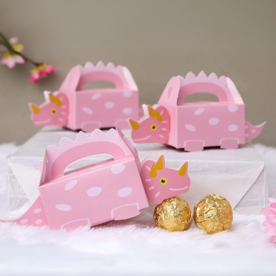 SATYAM KRAFT 20 Pcs Dinosaur Theme Folding Gift Boxes – Paper Storage Box for Chocolate, Dry Fruits, Return Gifts, Birthday, Wedding, Engagement Party Favors (Pack of 20, Pink)
