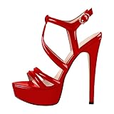 MissHeel Platform Stiletto Heels Ankle Sandals for Women T-strap Buckle up Open-back High Heel Summer Sandals Red Size 6