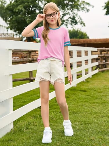 Image of Haloumoning Girls Short Sleeve T Shirts Kids Summer Crewneck Color Block Tops Fashion Tees 5-14 Years