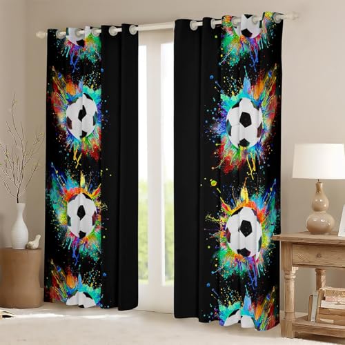 Homemissing Football Curtains for Bedroom Living Room Kids Soccer Ball Pattern 30%-50% Blackout Curtains Boys Girls Hip Hop Darkening Drapes Sports Theme Black Window Treatments W46*L54 - Image 2