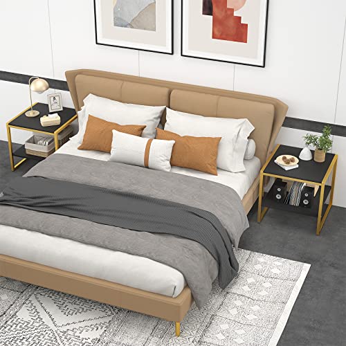 Homieasy End Table, 20 Inch Square Side Table Modern Night Stand With 2-Tier Storage Shelf, Living Room Small Coffee Table, Wood Finish Bedside Table For Bedroom, Black And Gold #TOP3