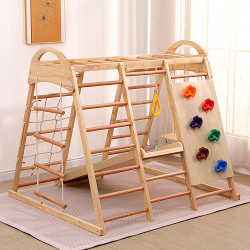Struttura da arrampicata in legno 7 in 1 per bambini - Grande set da gioco al coperto con scivolo, parete da arrampicata, travi a sbalzo e altalene per soggiorno, terrazza e sala giochi