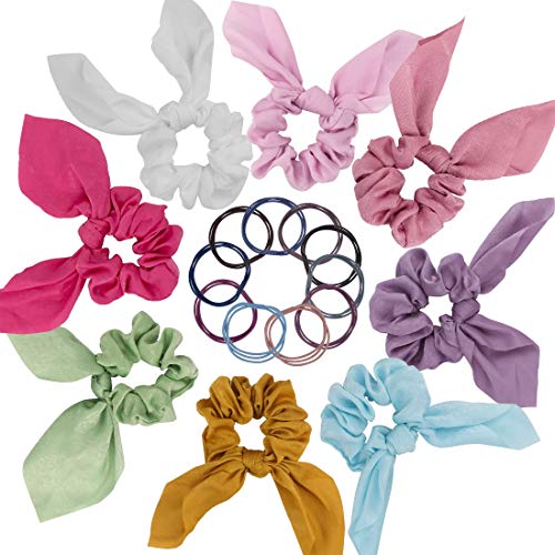 TOBATOBA 8 Pieces Hair Scrunchies Satin Bunny Ear Bow Bowknot Scrunchies Bobbles with 10 Pcs Elastic Hair Ties Ropes Ponytail Holder Accessories for Women