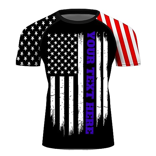 Add Your Text US Flag Rash Guard Shirts Personalized Patriotic Custom Men's UPF 50+ Sports Workout Compression Shirt