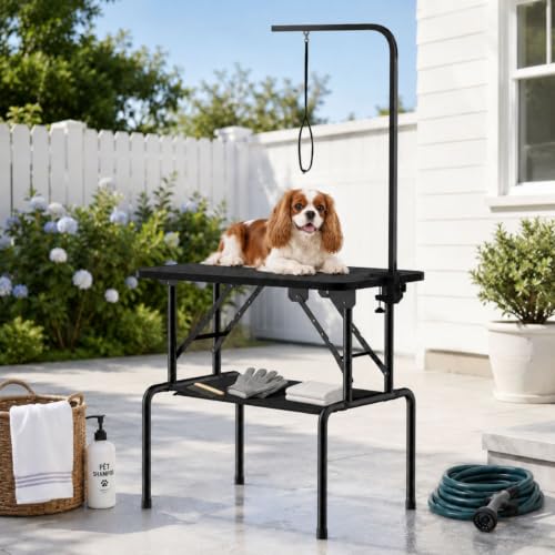 Image of 32 Inch Foldable Dog Grooming Table with Adjustable Arm, Nooses & Storage Basket - Non-Slip Pet Grooming Station for Dogs & Cats - Supports Up to 300 lbs (32 inches)