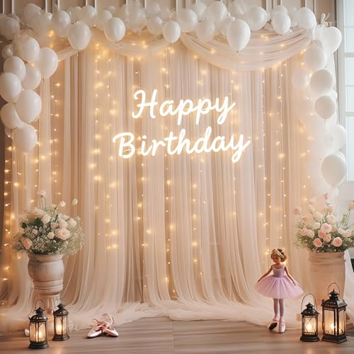 10×10ft Champagne Tulle Backdrop Curtain with Lights String for Parites, Sheer Photo Curtain Backdrop Drapes for Wedding Party Photography Backgrounds - Image 3