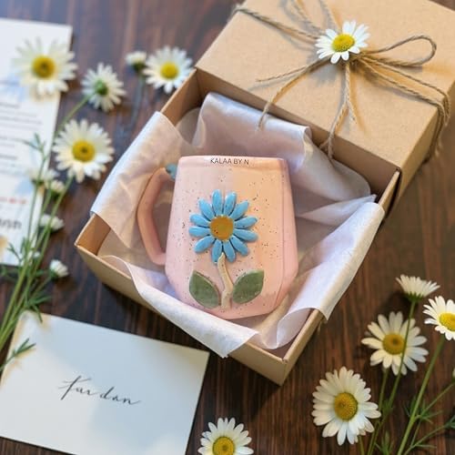 Image of Handmade Ceramic Mug 3D Daisy Flower Design Coffee Tea Cup 240 ml Gift for Coffee Lovers Kitchen Decor (Pink /Light Blue /Yellow /Grey) (Pink)