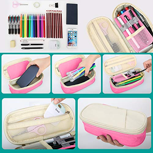 Image of MoKo Large Capacity Pencil Pen Case, Big Capacity Storage Bag Pouch Box, Stationery Organizer with Zippers for Office /School Supplies - Beige & Pink