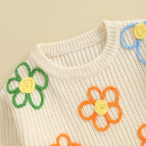 Karwuiio Little Girls Knit Sweaters Long Sleeve Round Neck Flower Embroidery Pullover Knitwear3