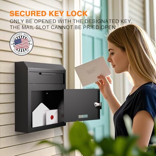Image of Large Wall Mount Mail Drop Box, Heavy Duty Steel Mailbox with Key Lock