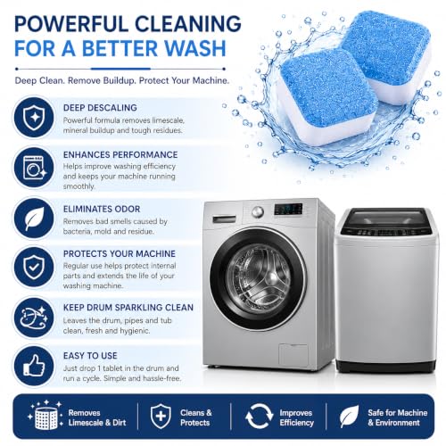 Image of Washing Machine Tub Cleaner & Drum Descaler Tablets | 12 Pack For Fully Automatic Front Load & Top Load Washers | Removes Limescale, Dirt & Detergent Residue | Deep Descaling & Odor Removal |