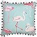 Paoletti Riva Funda de cojín Cuadrada con diseño, Color Azul y Rosa Pastel, Estampado de flamencos sobre Tela de Lino, Bordes de pompón, Cierre de Cremallera Oculta, 100% poliéster, 50 x 50 cm