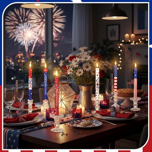 Image of Aurelema 6 Pcs 4th of July LED Flameless Candle Set 250th Anniversary Patriotic Taper Candles Battery Operated with Remote God Bless American USA Flag Candles for Independence Day Decor Party Favors