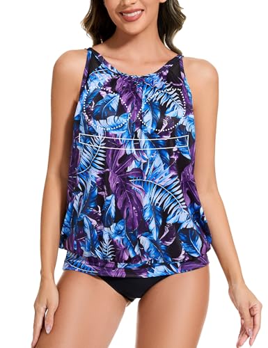 SLIMBELLE Womens Tankini Bathing Suits Only Built in Bra Adjustable Straps High Neck Pleat Loose Fit Swimsuit Rash Guard