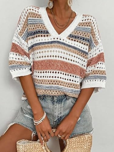 jonivey Womens 3/4 Sleeve V Neck Fall Casual Crochet Knit Sweater Hollow Out Striped Tops Vacation Outfits3