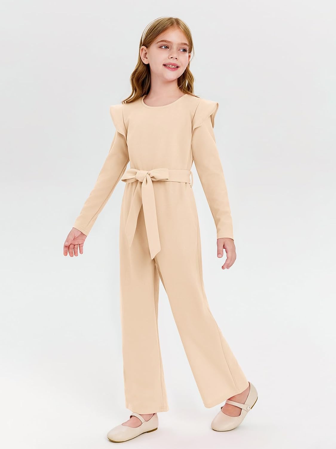 Haloumoning Girls Jumpsuit Kids Fashion Ruffle Long Sleeve Belted Wide Leg Romper One Piece Fall Outfits 5-14 Years - Image 3