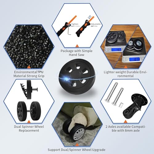 Luggage Wheels Replacement Set 8PCS TPU Rubber Wheel 60mm Suitcase Spinner Fit 6mm&8mm Shaft Slots Full Set Repair Tool for Trolley Bag Drawbar Travel Box3