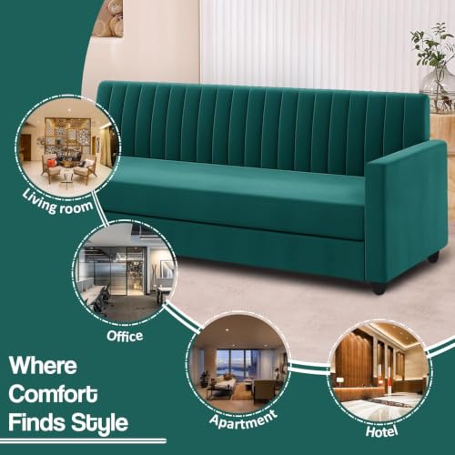 Image of 3+2 Fabric Wooden Sofa Set with Ottoman for Living Room | Modern Upholstered 5-Seater Couch | Soft Cushion, Premium Velvet Fabric-Green