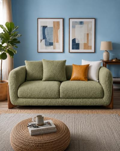 Image of Modern Sofa, Teddy Fabric, Chesterfield Style, Wooden Legs, for Living Room, Bedroom, Hallways (Olive - 2 Seater)