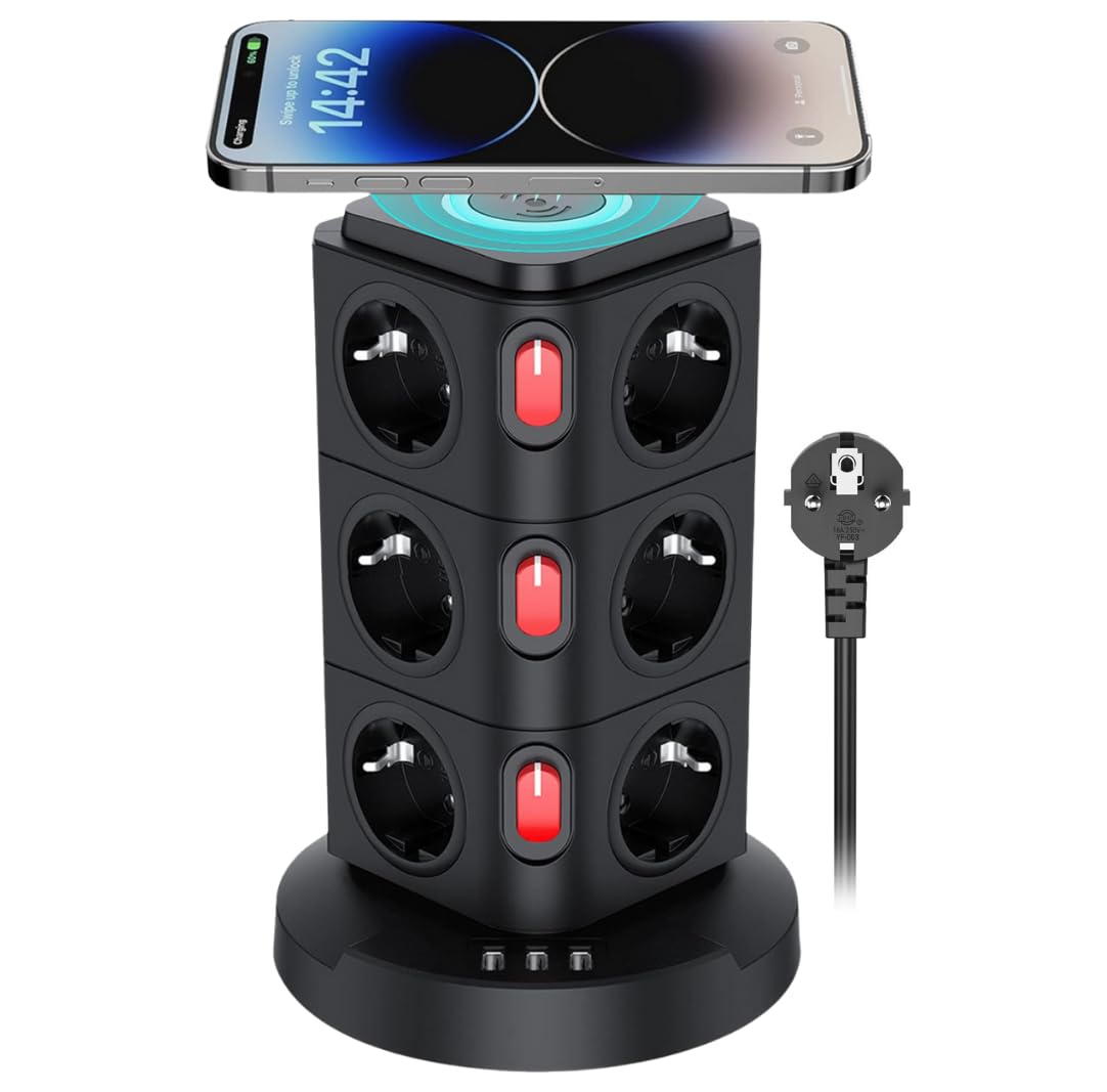Vetech Akım Korumalı Priz Kule Tipi Kablosuz Şarj İstasyonu 12x Priz, 2x Type-C, 1x USB Girişli 2mt Kablo