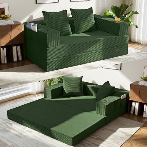 Image of COMAX Futon Sofa Bed, Convertible Sofa Bed, Folding Boneless Couches | Boneless Couch for living room, 4‑in‑1 Fold Out Small Foldable Loveseat Floor Sleeper Mattress Lounge Space‑Saving, Green