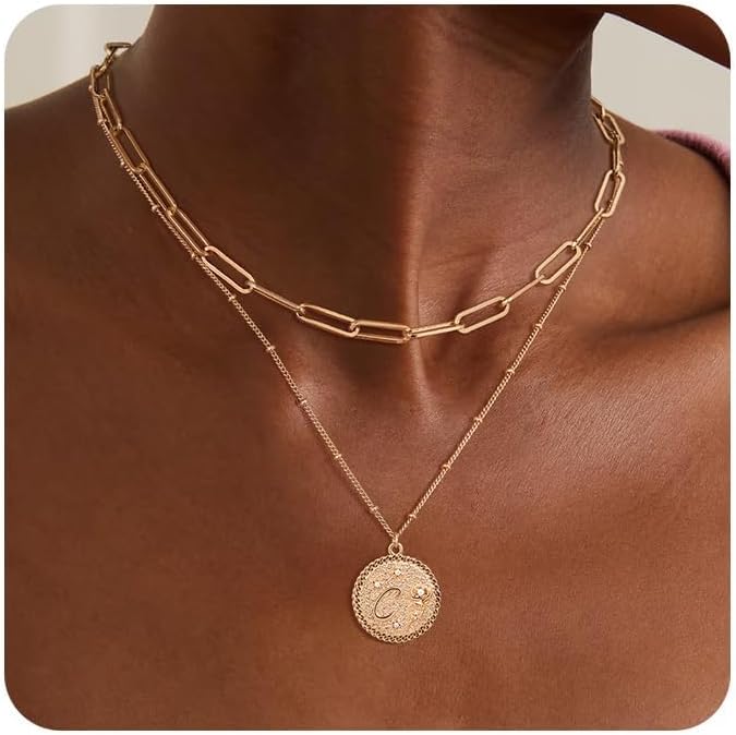 Gold Initial Necklaces for Women Trendy 14K Gold Plated Letter A- Z Pendant Necklace Paperclip Link Chain Personalized Coin Layered Dainty Gold Necklace for Women Gold Jewelry