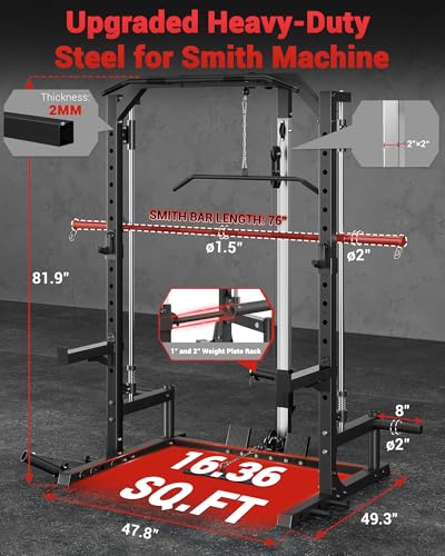 Smith Machine Home Gym with Barbell Bar, Cable System, Lat Pulldown Attachments, Safety Spotter Arms, J Hooks, Landmine, Multi-Functional Squat Rack for Full Body Strength Training