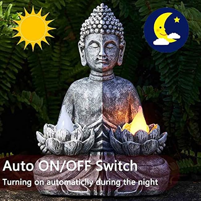Solar Buddha Statue - Outdoor Zen Sculpture With Flickering LED Lotus Light - Waterproof Garden Decor Gift - 11.81 Inch