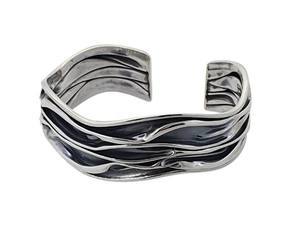 Bracelet manchette argent 925 femme ondulé noir pour look chic quotidien