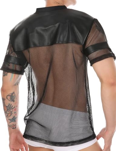 FEOYA See Through Fishnet Top Mesh T Shirts for Men Transparent Pu Tee Round Neck Long Short Sleeve Party Club Top4