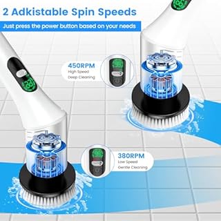 Brosse Electrique Nettoyage Rotative, Brosse de Nettoyage sans Fil avec 9 Têtes de Brosse Remplaçables, IPX7 Étanche, 2 Vitesses, pour Salle Bain Cuisine Electric Spin Scrubber (Blanc)