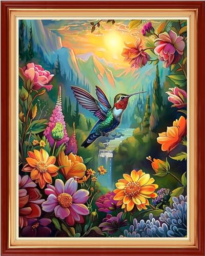 Image of Dimensean Stamped Cross Stitch Kits Full Range of Embroidery Patterns Starter Kits for Beginners Adult DIY Cross Stitches Needlepoint Kits 11CT-Sunrise Hummingbird 16x20 inch