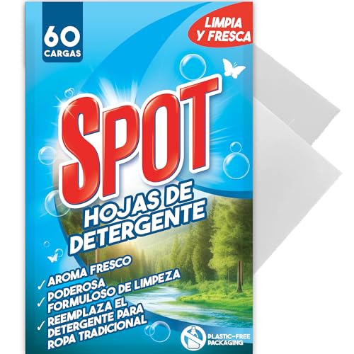 Hoja de Detergente Spot - Fragancia Fresca - 30 Hojas/60 Lavados - Fabricado en Suecia - Envase Sin Plástico - Detergente para Lavandería sin Líquido - Hojas...