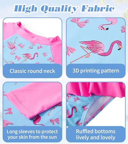 UNIFACO Toddler Girls Long Sleeve Rash Guard Ruffle 2-Piece Swimsuit Set Tankini for Swimming Pool Size 6T Flamingo