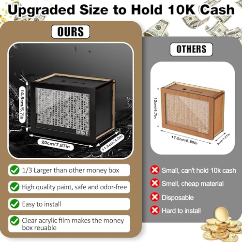 Kkluno 10000 Cash Vault Wooden Savings Box, Plus Size 10000 Savings Challenge Box Wooden Coin Digital Piggy Bank Cash Savings Box with Money Target and Numbers - Black