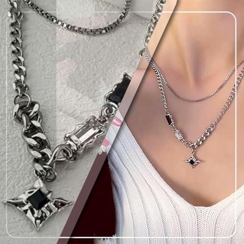 Image of 2Pcs Gothic Jewellery, Crescent Black Diamond Star Necklace, Silver Chain for Men, Punk Style Necklace for Women, Stylish Gothic Fashion Accessory for Everyday Wear and Special Occasions