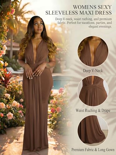 Image of Ekaliy Elegant Bodycon Dresses for Women Deep V Neck Maxi Dress Mermaid Long Dress