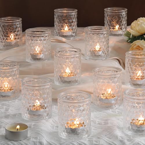 LETINE 12 PCS Tea Light Candle Holders Clear Tealight Holders Votive Candle Holder Glass Tea Light Holders for Wedding Decor Table Decorations Centrepiece Ramadan Decorations