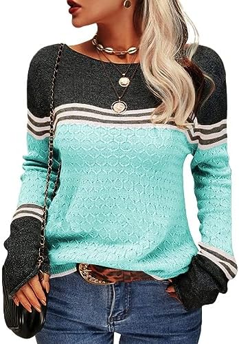 Tankaneo Damen Pullover Colorblock Langarm Rundhals Strickpullover | Langarmshirts,Häkelpullover,Gestreift,Slim Fit,Strickwaren,Tops,Casual,Sweatshirt,Obertiele,longpullover