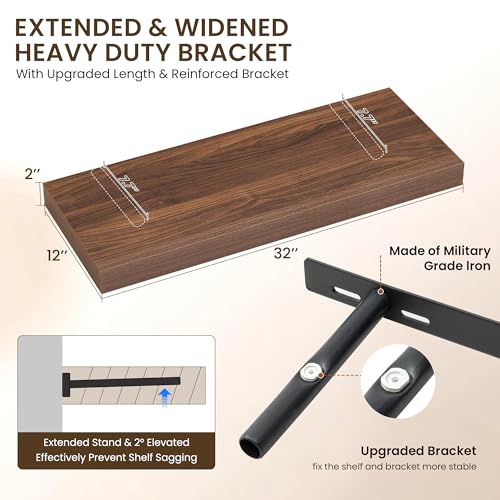 Image of Dreamland 32 inch Floating Shelves for Wall, 12 inch Deep Thicker Walnut Floating Shelves, Wall-Mounted Shelves for Bedroom, Living Room, Kitchen, Bathroom - Set of 2