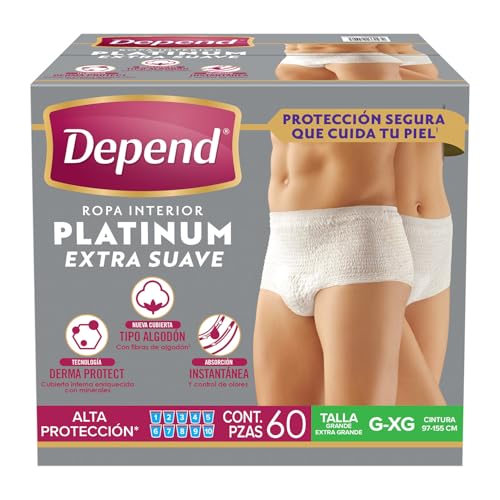 Opiniones de Ropa de una pieza para comprar online. 48 Depend Platinum Ropa Interior para Adulto, Talla G-XG, Caja con 60 piezas, Extra Suave con Fibras de Algodón,Tecnología Derma Protect