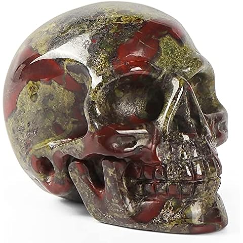 Artistone Dragon Bloodstone Crystal Skulls Ornament 2.0inch Crystal Skull Head Figurine Skeleton Sculpture Statue Reiki Healing Stone Halloween Decorations Cover
