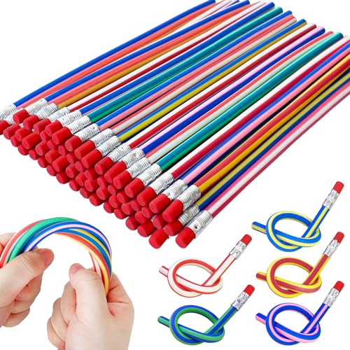 50 Pack Flexible Bendy Pencil Colorful Stripe Soft Rubber Pencils with Erasers Bendable Soft Pencil for Kids Classroom Gifts Goodie Bag Fillers
