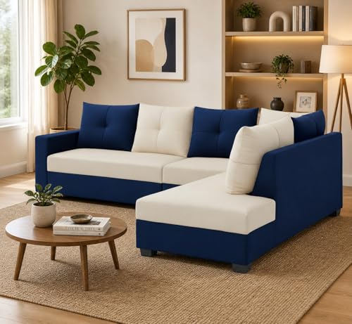Image of SOCOZI Oriana 6 Seater RHS L Shape Sofa Set | Soft Velvet Suede Fabric | Modern Design | Plush Comfort Cushions for Living Room (Dark Blue-Cream)